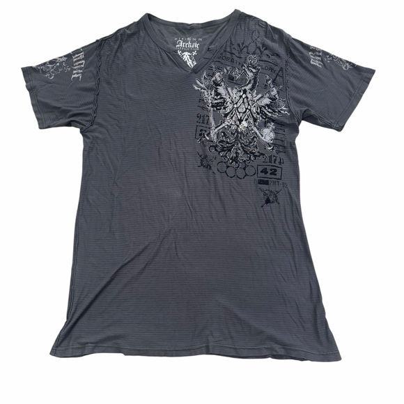 Archaic By Affliction V Neck Graphic Shirt Mens XL Double Sided Grunge - Picture 1 of 9